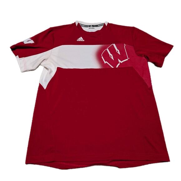 Adidas Wisconsin Badgers Shirt Mens Size Large Climacool 3 Stripes Red - Picture 1 of 6